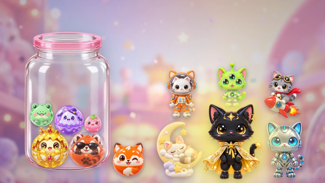 Glas mit Kapseln und die Figuren der Serie Space Cats